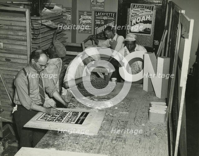 Federal Theatre Project, Negro Theatre, Sign Painting department, headed by Tipp Beavers..., 1936. Creator: Federal Theatre Project.