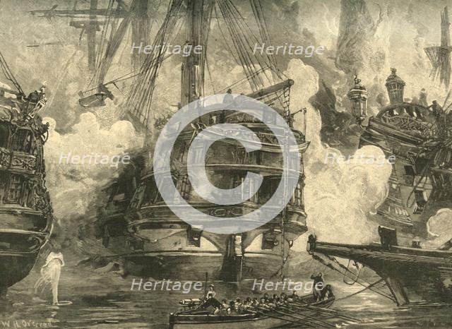 Battle of Navarino: HMS 'Asia' engaging the ships of Capitan Bey and Moharram Bey, 1827 (c1890). Creator: William Heysham Overend.
