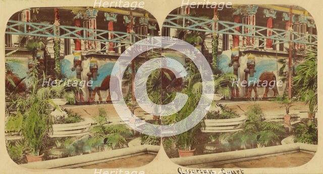 Crystal Palace - The Assyrian Court, viewed from beyond the Fountain Basin, 1850s. Creator: London Stereoscopic & Photographic Co.