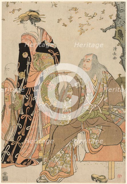 The Actors Ichikawa Danjuro V as Hige no Ikyu, Nakamura Riko as Agemaki, and Ichikawa Ebiz..., 1784. Creator: Torii Kiyonaga.