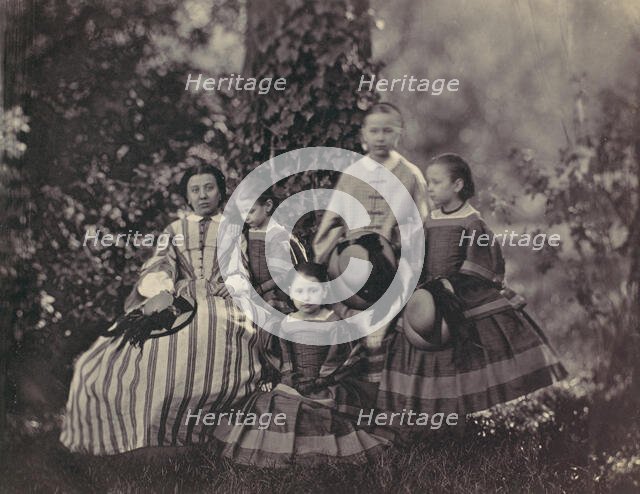 [Seated Lady in Striped Dress with Four Little Girls], 1850s-60s. Creator: Franz Antoine.