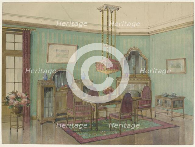 Interior of dining room with corner chimney, c.1925. Creator: Anon.