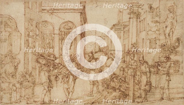 Street With Tradesmen, late 16th-early 17th century.. Creator: Giovanni Maria Tamburini.