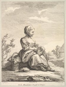 Little girl holding grapes with a basket of them by her side, from Deuxième Livre de..., after 1757. Creator: Pierre Francois Tardieu.
