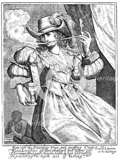 Young woman smoking a clay pipe and holding a wine glass, 17th century. Artist: Unknown