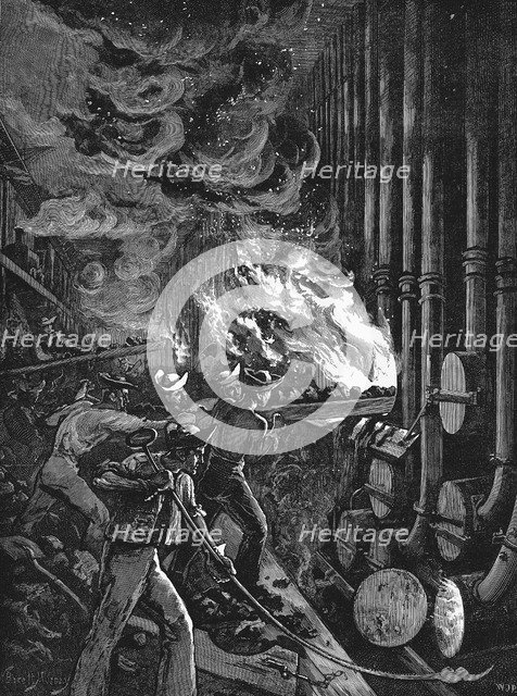 Charging the retorts at the Beckton gasworks, London, 1878. Artist: Unknown