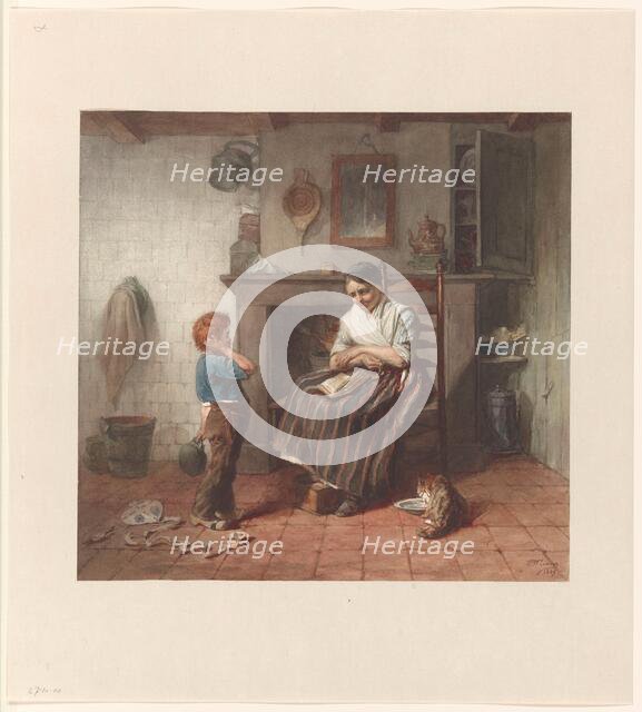 Interior with a boy and his kite, and a woman, 1869. Creator: Frederik William Zurcher.