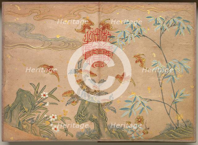 Desk Album: Flower and Bird Paintings (Bats, rocks, flowers oval calligraphy) , 18th Century. Creator: Zhang Ruoai (Chinese).