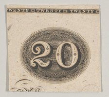 Banknote motif: the number 20 against an ornamental lathe work oval resembling wove..., ca. 1824-42. Creator: Durand, Perkins & Co.