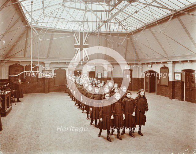 Girls returning from play, Thomas Street Girls School, Limehouse, Stepney, London, 1908. Artist: Unknown.