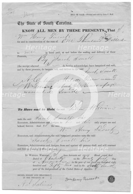 Bill of sale for mulatto man for $1000, 1800-1865.  Creator: Unknown.