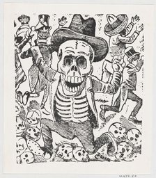 A skeleton holding a bone and leaping over a pile of skulls while people flee, fr..., ca. 1907. Creator: José Guadalupe Posada.
