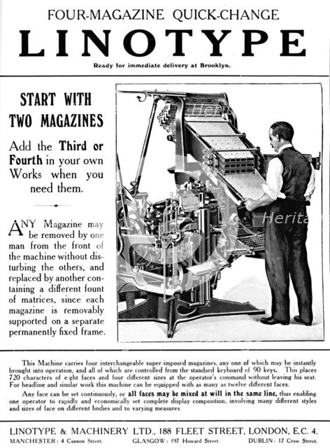 'Linotype & Machinery Ltd. advert', 1919. Artist: Unknown.