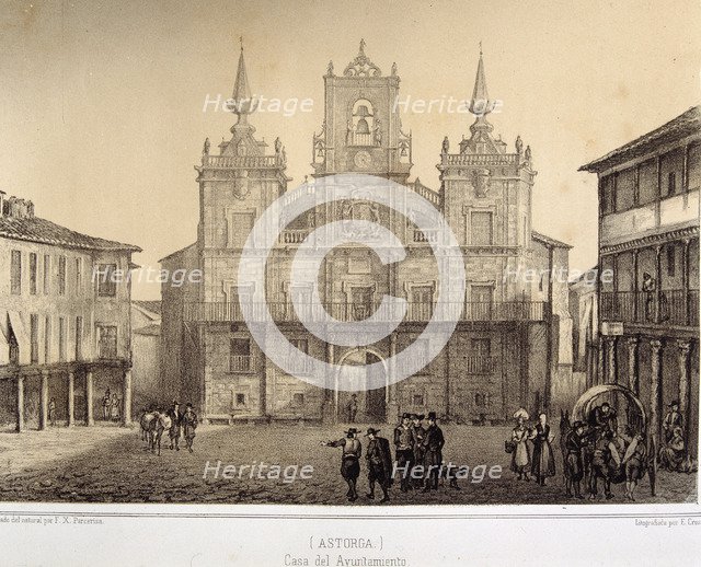 Town Hall of Astorga, lithograph of the work 'Memories and beauties of Spain'.