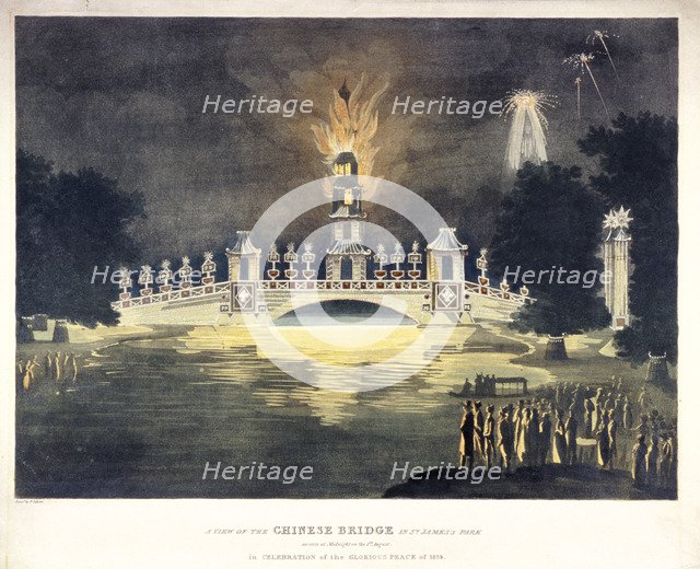 '...Chinese Bridge in St James's Park..., in celebration of the glorious peace of 1814'.  Artist: Frederick Calvert