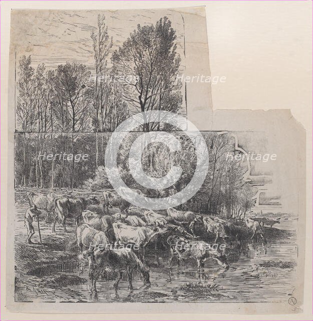 Herdsman and Cattle at Ford, ca. 1850. Creator: Charles Emile Jacque.