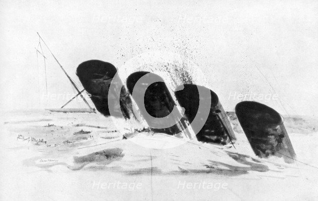 The sinking of RMS Lusitania, 7 May 1915, (1926). Artist: Oliver Bernard