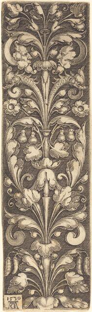 Sprig of Ornamental Foliage with Two Masks and Two Dolphins, 1530. Creator: Heinrich Aldegrever.