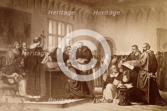 Galileo Galilei at his trial by the Inquisition in Rome in 1633. Creator: Unknown.