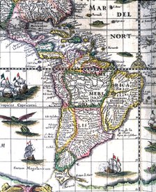 South America, colored engraving from the book 'Le Theatre du monde' or 'Nouvel Atlas', 1645, cre…