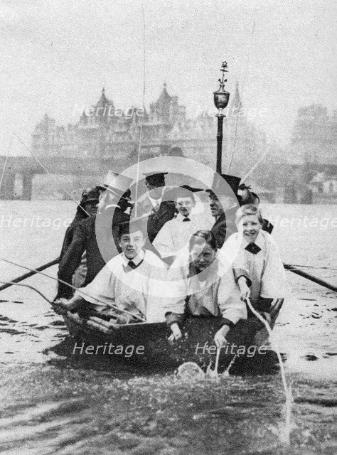 Choirboys of St Clement Danes beating the boundary-marks on the Thames, London, 1926-1927. Artist: Unknown