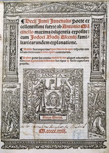 Cover of the play 'Satires' by Decimus Junius Juvenal, edition of 1523.