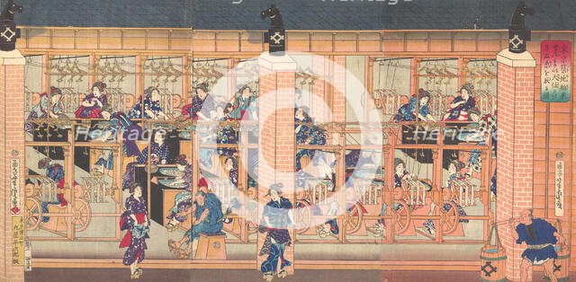 Imported Silk Reeling Machine at Tsukiji in Tokyo, 4th month, 1872. Creator: Utagawa Yoshitora.
