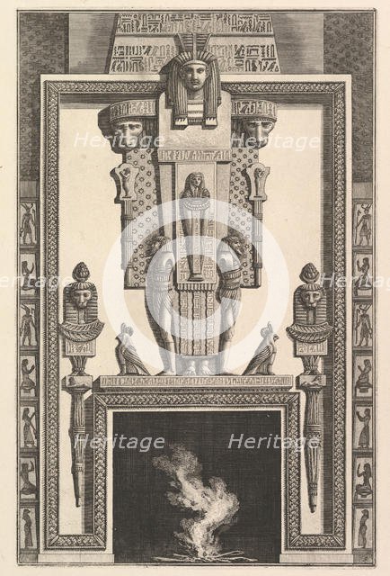 Chimneypiece in the Egyptian style: Mummy superimposed on a large caryatid above the linte..., 1769. Creator: Giovanni Battista Piranesi.