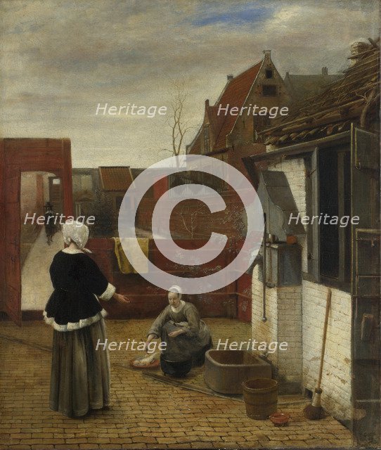 A Woman and her Maid in a Courtyard, ca 1661. Artist: Hooch, Pieter, de (1629-1684)