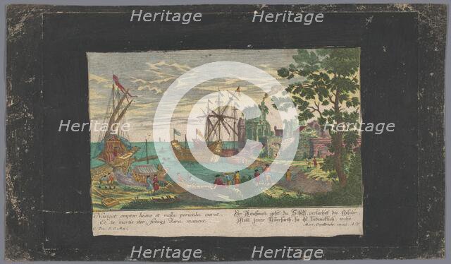 View of moored ships and a shipyard, 1708-1756. Creators: Martin Engelbrecht, Anon.