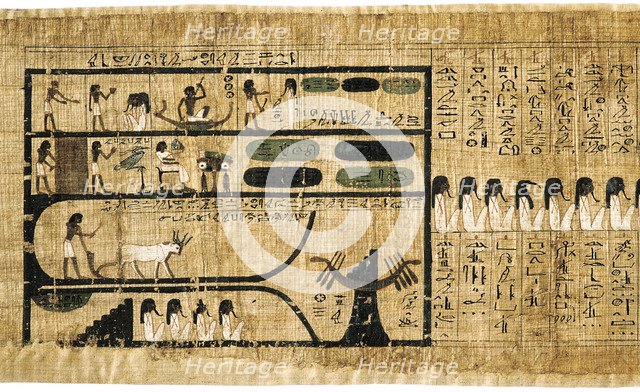 Ancient Egyptian Book of the Dead on papyrus showing written hieroglyphs. Artist: Unknown