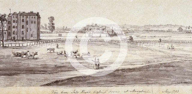 'View from Lady Kaye's Dressing Room at Marylebone', 1793. Artist: Samuel Hieronymus Grimm   