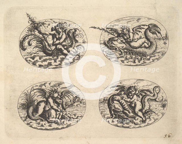 Four Ovals with Genii, plates from the Neue Grotessken Buch, 1610. Creator: Christoph Jamnitzer.