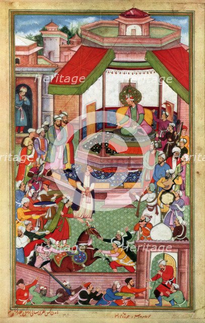 Abu'l-Fazl ibn Mubarak presenting the Akbarnama to Akbar. Artist: Unknown