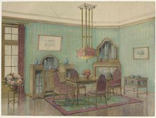 Interior of dining room with corner chimney, c.1925. Creator: Anon.