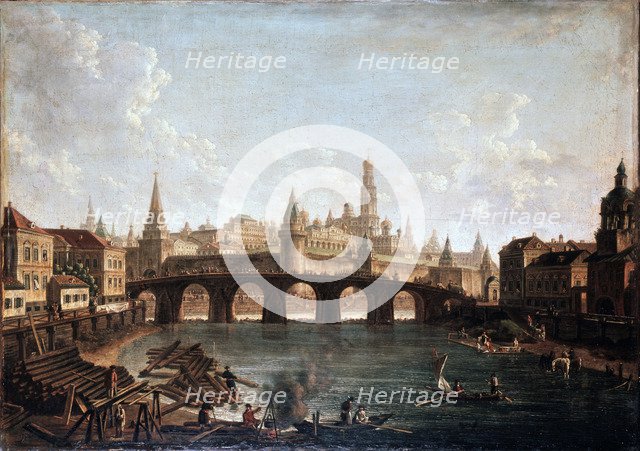 'View from the Moscow Kremlin and the Bolshoy Kamenny Bridge (Greater Stone Bridge)', 1810s. Artist: Fyodor Yakovlevich Alexeev
