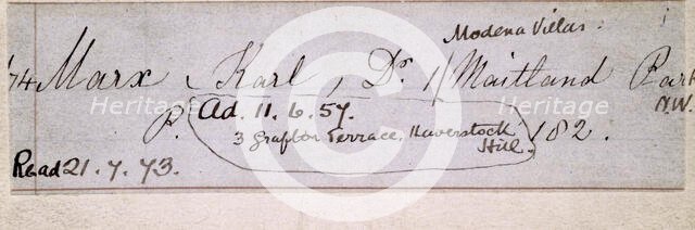 Record of Karl Marx's ticket for the reading room of the British Museum, 1857. Creator: Unknown.