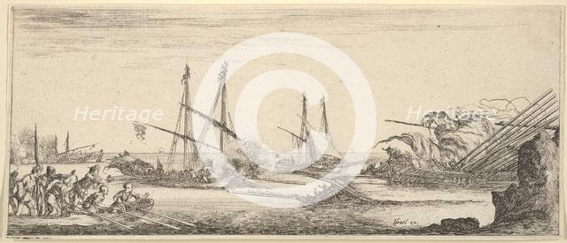 A naval battle, a rowboat full of men to left, a sinking ship to right, two galleys ba..., ca. 1641. Creator: Stefano della Bella.