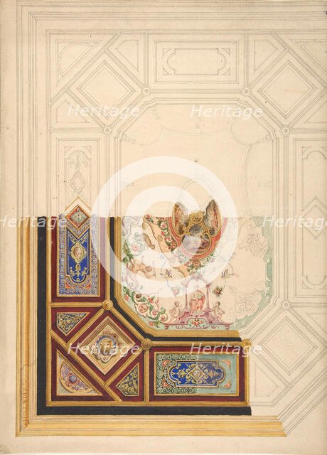Design for a paneled ceiling to be painted in grotesque motifs, 19th century. Creators: Jules-Edmond-Charles Lachaise, Eugène-Pierre Gourdet.