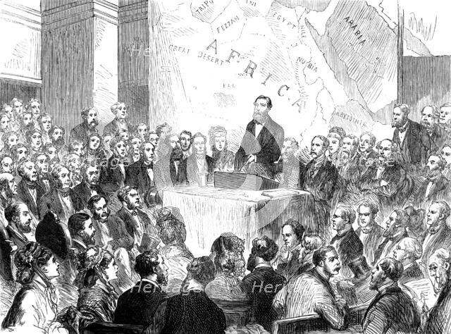 Sir Samuel Baker at the meeting of the Royal Geographical Society, 1873. Creator: Unknown.