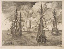 Four-Master (Left) and Two Three-Masters Anchored near a Fortified Island with a Lighth..., 1561-65. Creator: Frans Huys.
