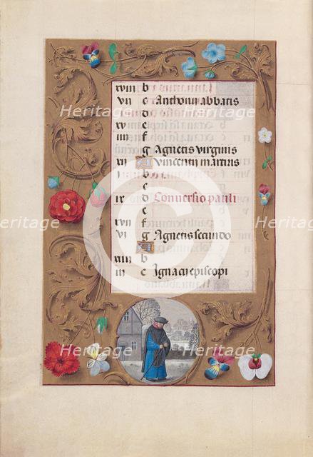 Hours of Queen Isabella the Catholic, Queen of Spain: Fol. 2v, January - Snow Landscape, c. 1500. Creator: Master of the First Prayerbook of Maximillian (Flemish, c. 1444-1519); Associates, and.