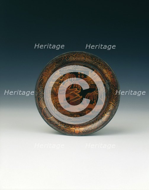 Black lacquer saucer with landscape decoration, Qing dynasty, China, late 18th/early 19th century. Artist: Unknown