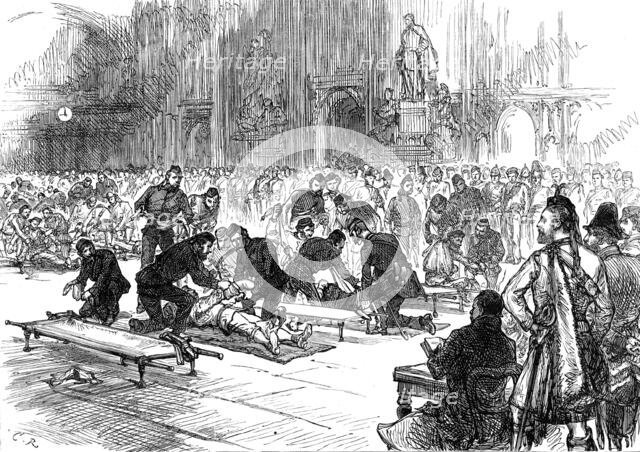 Drill of volunteer ambulance corps at Guildhall, 1880. Creator: Unknown.