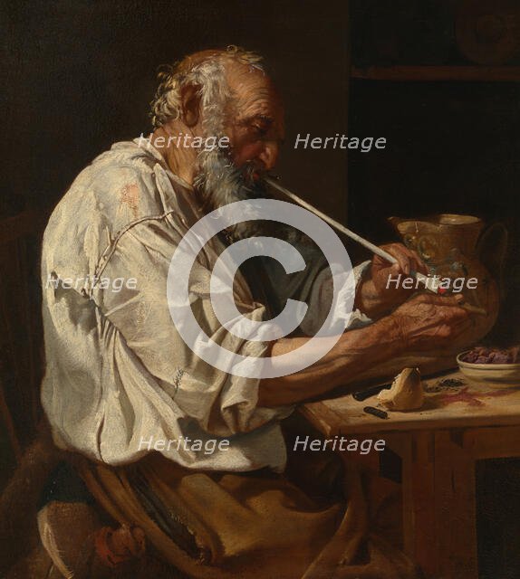 Old Peasant Lighting a Pipe, c. 1660. Creator: Johann Carl Loth.