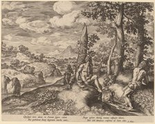 Landscape with Three Nude Men and a Dog. Creator: Johann Sadeler I.