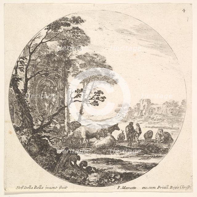 Plate 4: a Corinthian capital on the ground to left in the foreground, a monument w..., ca. 1643-48. Creator: Stefano della Bella.