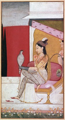 Punjabi illustration of a lady with a hawk. Creator: Unknown.