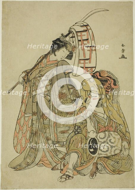 The Actors Nakamura Nakazo I as Onmaya Kisanda Dressed as Kakubei the Lion Dancer (Kaku..., c. 1777. Creator: Shunsho.