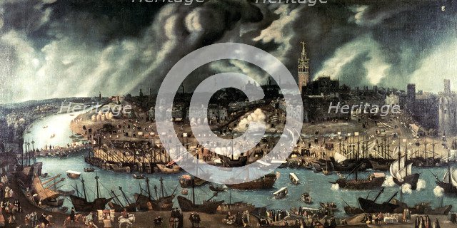 View of Seville. Oil work by Alonso Sanchez Coello.